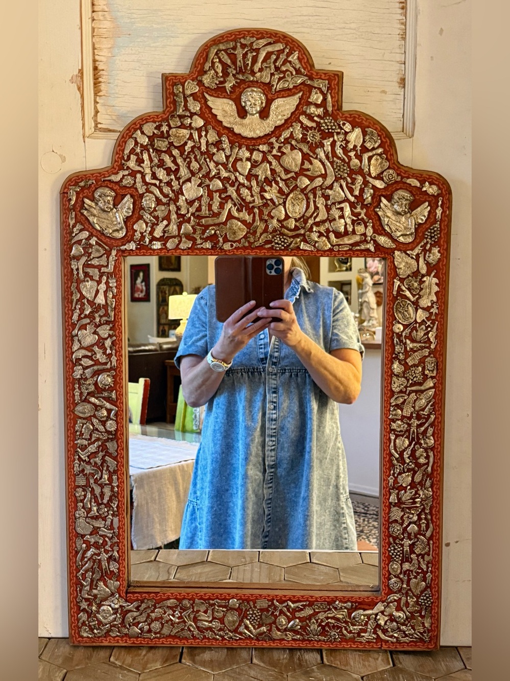 Vintage Mexican Folk Art Milagros Mirror, Dark Red & Silver, Handmade, Large 30"